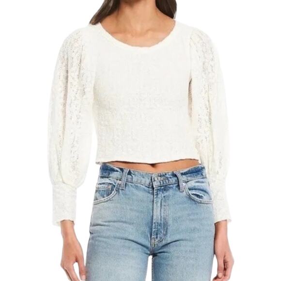 Free People Tea Time Puff Sleeve Lace Top Large New Cream Cut Out Cropped Boho - Picture 1 of 8